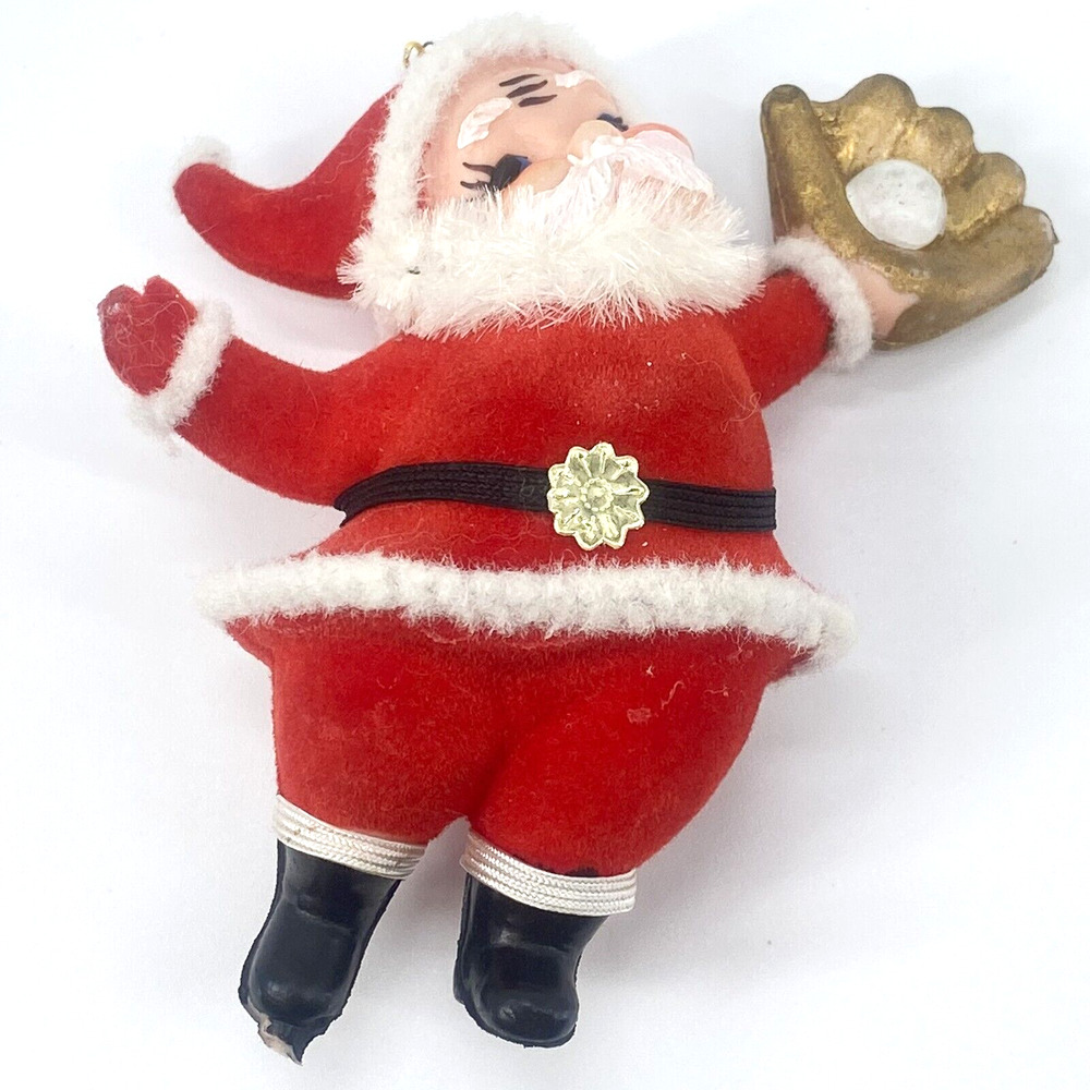 Vintage Santa Ornament Catching Baseball Felt 4" Tall Flocked